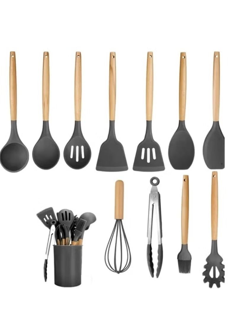 12 Pieces In 1 Set Silicone Kitchen Accessories Cooking Tools Kitchenware Silicone Utensils With Wooden Handles - Mumzar