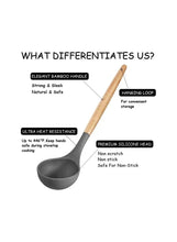 Silicone cooking ladle with smooth wooden handle and hanging loop
