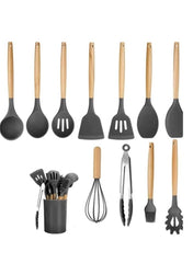 12 Pieces In 1 Set Silicone Kitchen Accessories Cooking Tools Kitchenware Silicone Utensils With Wooden Handles - Mumzar
