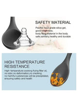 Silicone ladle with wooden handle and gray head, shown above a glass container