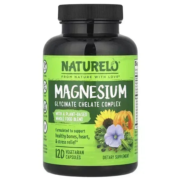 NATURELO Magnesium Glycinate Chelate Complex – 120 Vegetarian Capsules - Mumzar