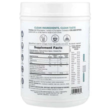 Collagen peptides supplement tub, back panel with ingredients and Supplement Facts table.