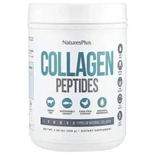 Collagen peptides supplement tub, white with teal and black front label text.