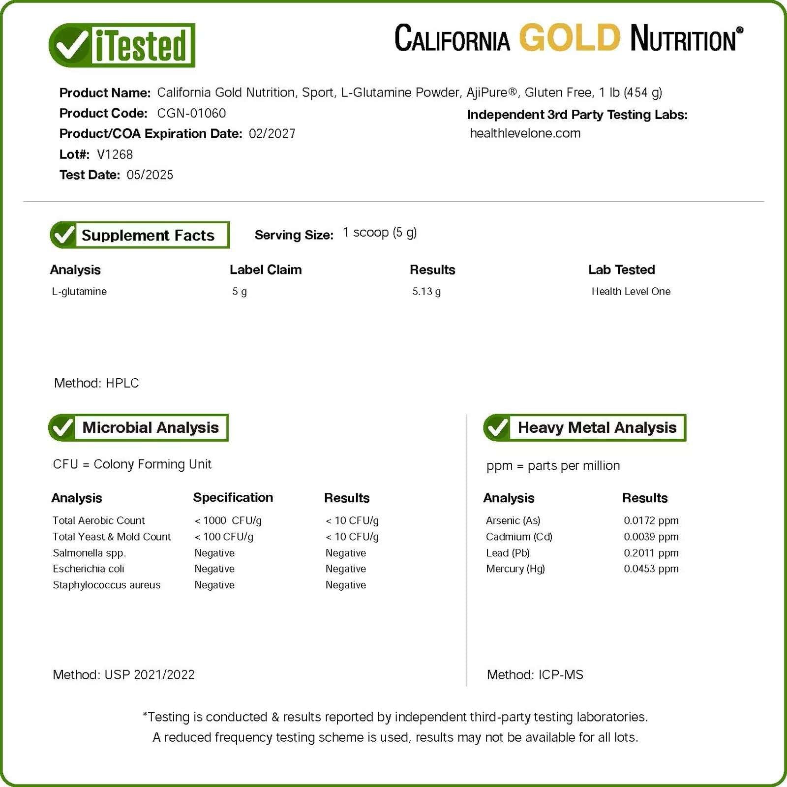 California Gold Nutrition, Sport, L-Glutamine Powder, AjiPure®, Gluten Free, 1 lb (454 g)