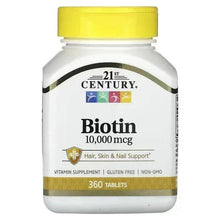 Biotin 10,000 mcg dietary supplement bottle with yellow cap, 360 tablets