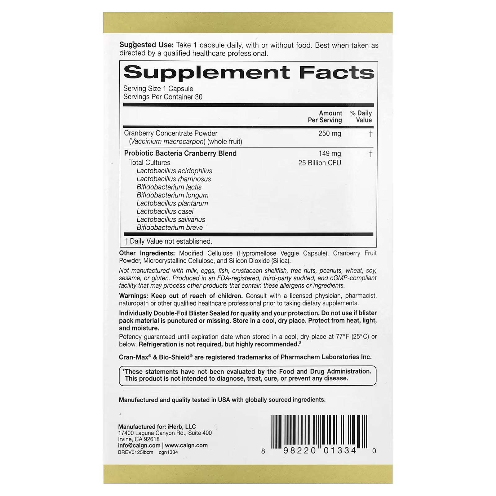 California Gold Nutrition, CranMax® LactoBif® Probiotics, 25 Billion CFU, 30 Veg Capsules