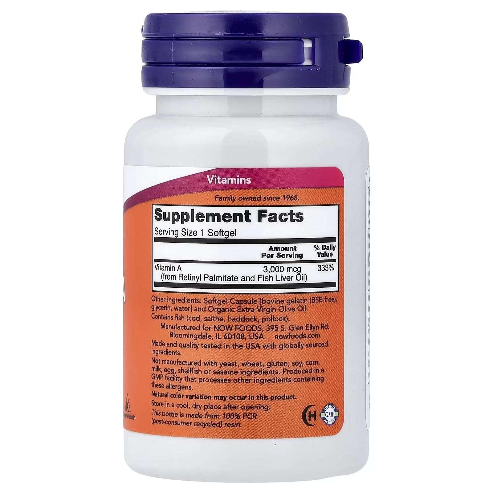 NOW Foods, Vitamin A, 3,000 mcg (10,000 IU), 100 Softgels - Mumzar