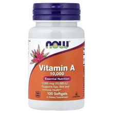 Vitamin A softgel bottle with blue cap and orange front label, 10,000 IU