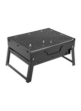 Portable charcoal BBQ grill with wire cooking grate and side handles, black