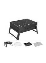 Black portable charcoal BBQ grill with wire cooking grate and two side shelves