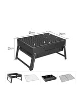 Black portable BBQ grill dimensions: 43cm x 29cm x 23cm, wire cooking grate