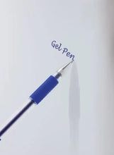 Blue gel pen with fine tip and clear barrel, close-up of pen point