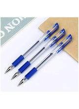 Pack of 6 blue gel pens with silver tips, multiple pens laid on paper