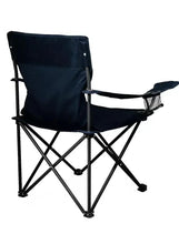 Folding camping chair with armrest, dark fabric seat, side cup holder