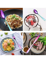 Rainbow stainless steel spoon and fork on table setting