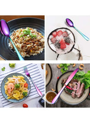 24 Pcs Stainless Steel Rainbow Cutlery Set | Reusable Spoon Fork & Knife Set for Indoor & Outdoor Use