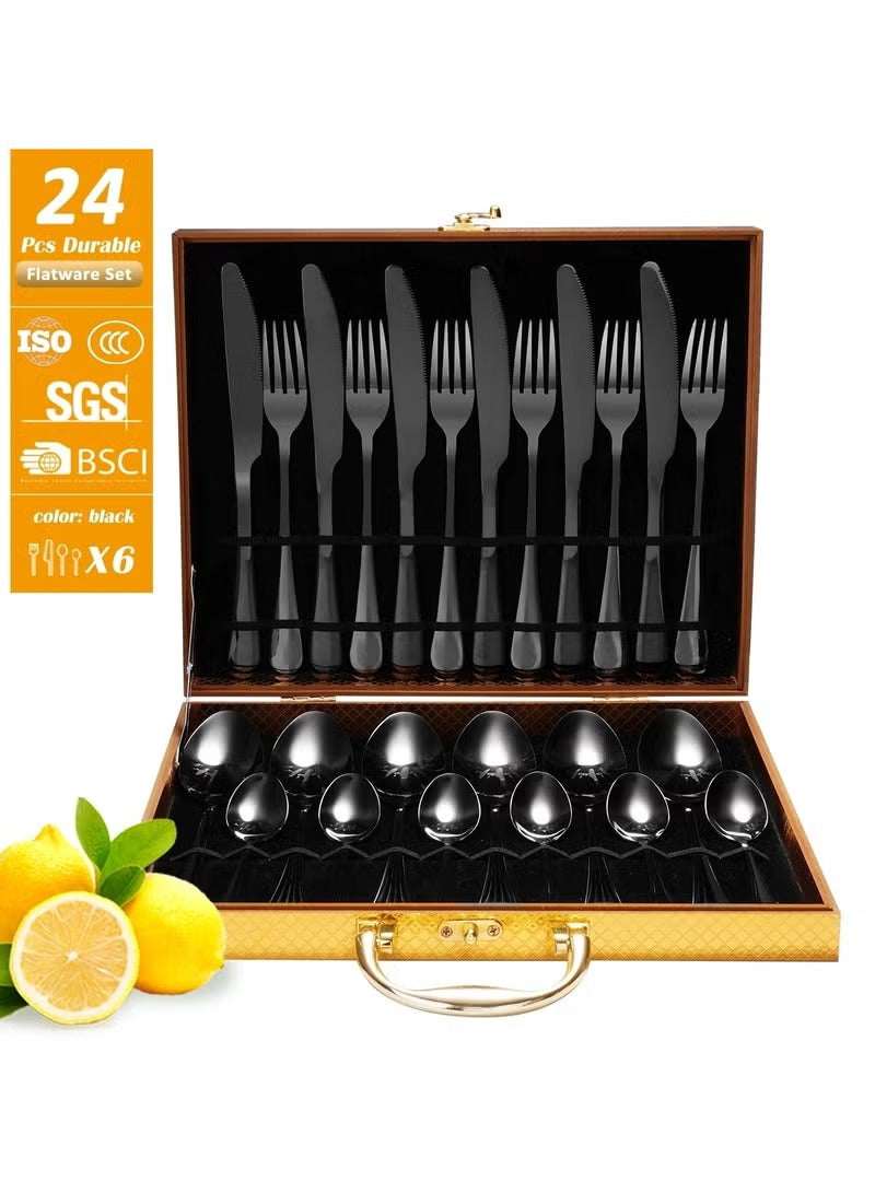 24 Pcs Stainless Steel Rainbow Cutlery Set | Reusable Spoon Fork & Knife Set for Indoor & Outdoor Use