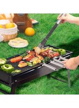 Charcoal grill open grate with food cooking, plus tongs and hands over the grill