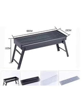 Charcoal grill with metal mesh grate, black; 60 cm by 22 cm dimensions shown