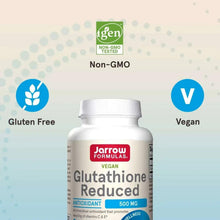 Jarrow Formulas vegan glutathione reduced 500 mg bottle with Non-GMO and vegan badges