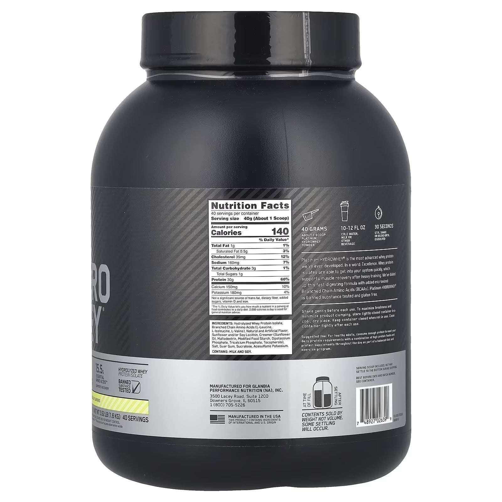 Optimum Nutrition Platinum Hydro Whey® Velocity Vanilla – 3.52 lb (1.6 kg) | Hydrolyzed Whey Protein - Mumzar