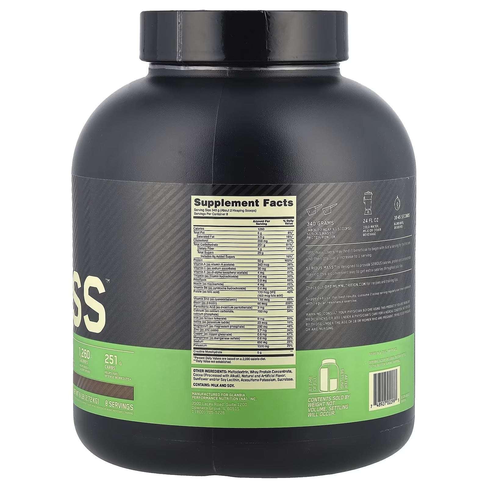 Optimum Nutrition Serious Mass™ Chocolate – 2.72 kg (6 lb) | High-Calorie Weight Gainer - Mumzar