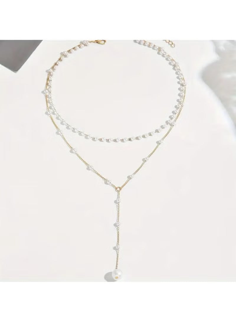 Elegant Layered Pearl Drop Necklace | Adjustable Pearl Pendant Chain Jewelry - Mumzar