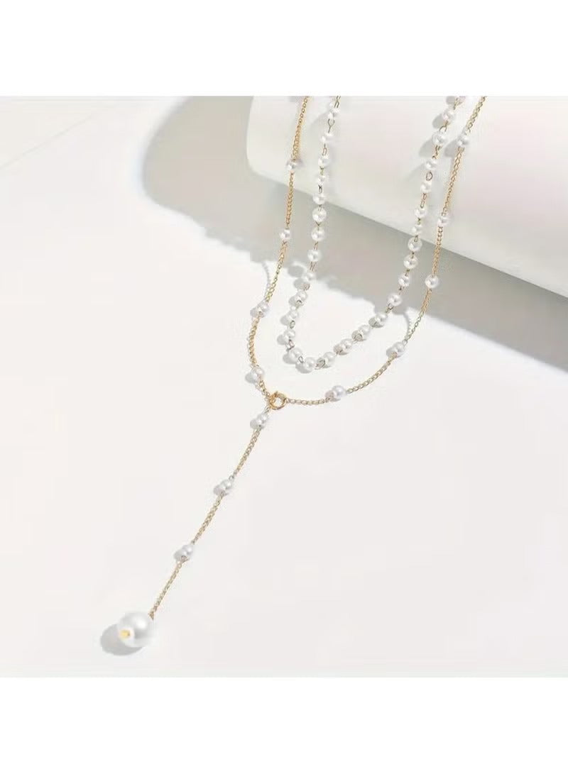 Elegant Layered Pearl Drop Necklace | Adjustable Pearl Pendant Chain Jewelry - Mumzar