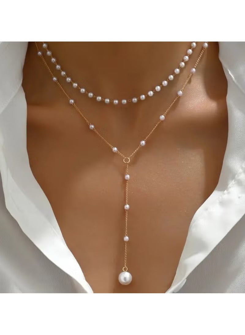Elegant Layered Pearl Drop Necklace | Adjustable Pearl Pendant Chain Jewelry - Mumzar