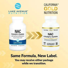 NAC supplement bottle pair, Lake Avenue Nutrition and California Gold Nutrition labels