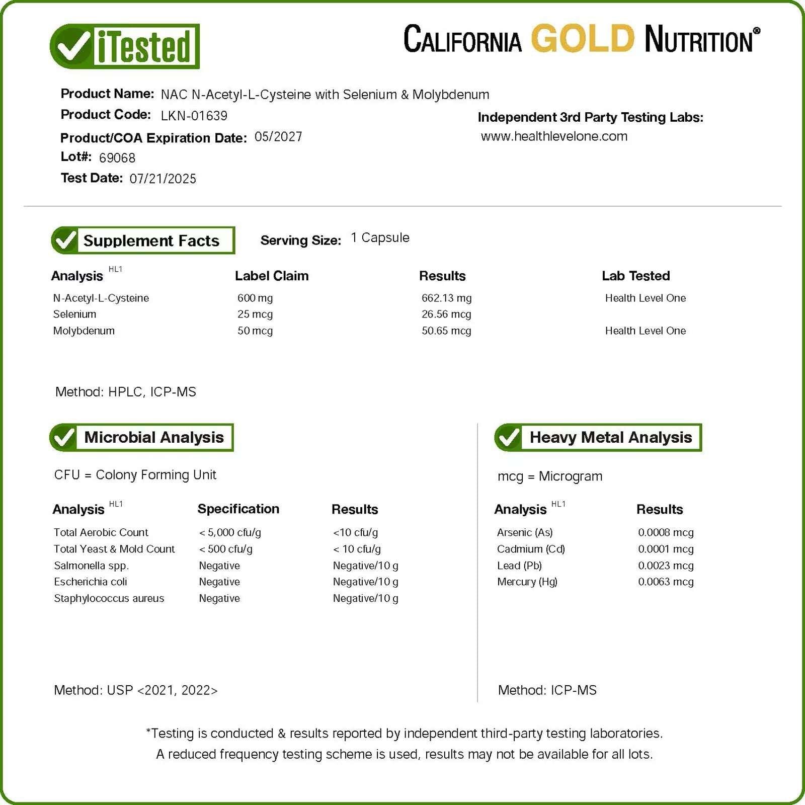 California Gold Nutrition N-Acetyl-L-Cysteine (NAC) with Molybdenum & Selenium | 120 Veg Capsules