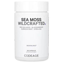Sea moss wildcrafted supplement bottle with clear front label, 120 capsules
