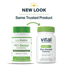 Two probiotic supplement bottles with green caps, Pro-Dental branding