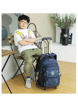 Kids rolling school backpack with trolley handle, dark blue, front zip pocket and wheels