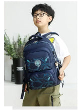 Kids rolling school backpack, dark blue geometric print, front pocket and side grab handle