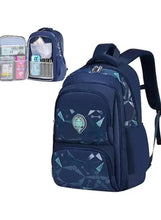 Kids rolling school backpack in dark blue with organizer compartments, trolley wheels