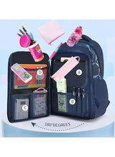 Kids rolling school backpack, dark blue, front and interior compartments opened
