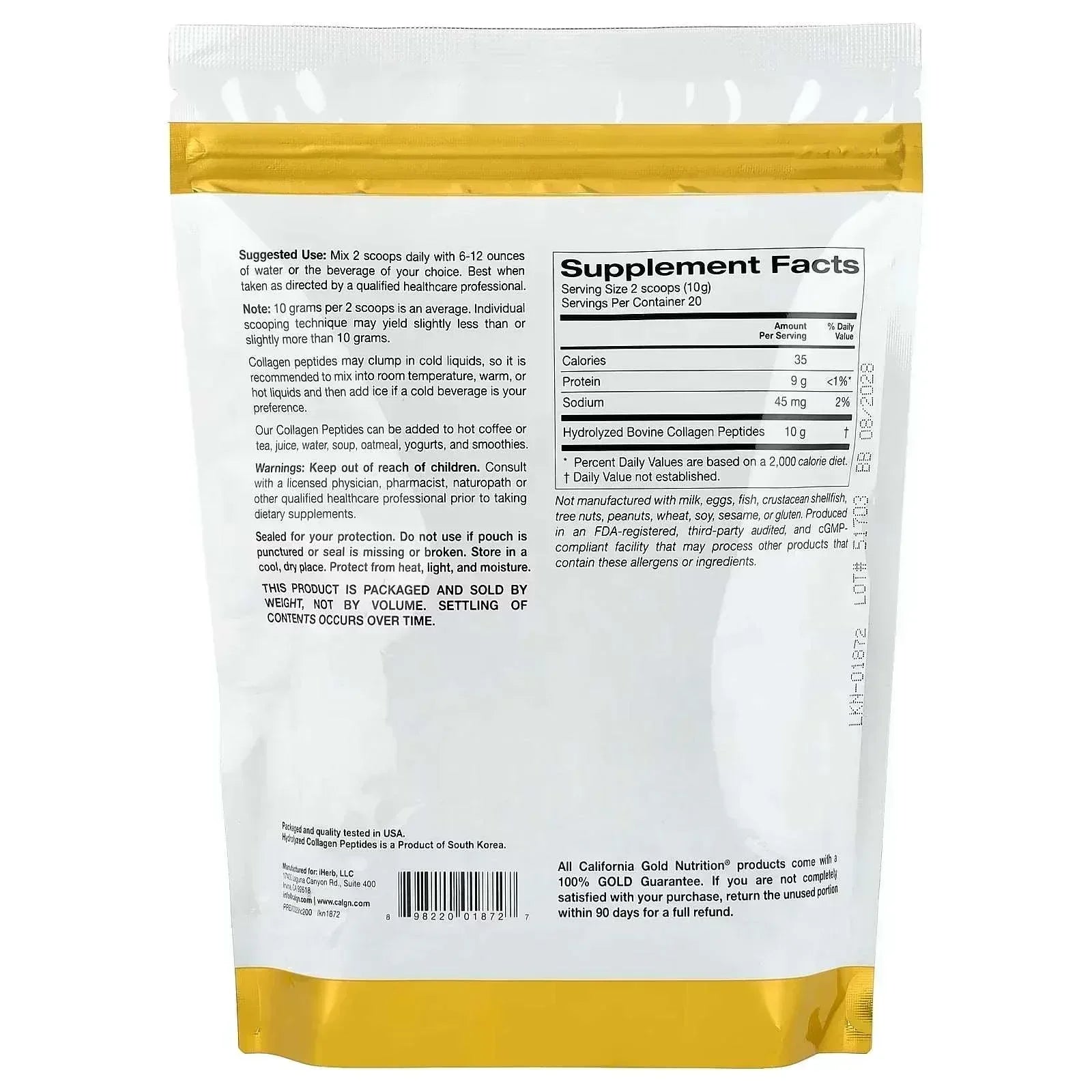 California Gold Nutrition Hydrolysed Collagen Peptides Type I & III – Unflavoured, 200 g - Mumzar