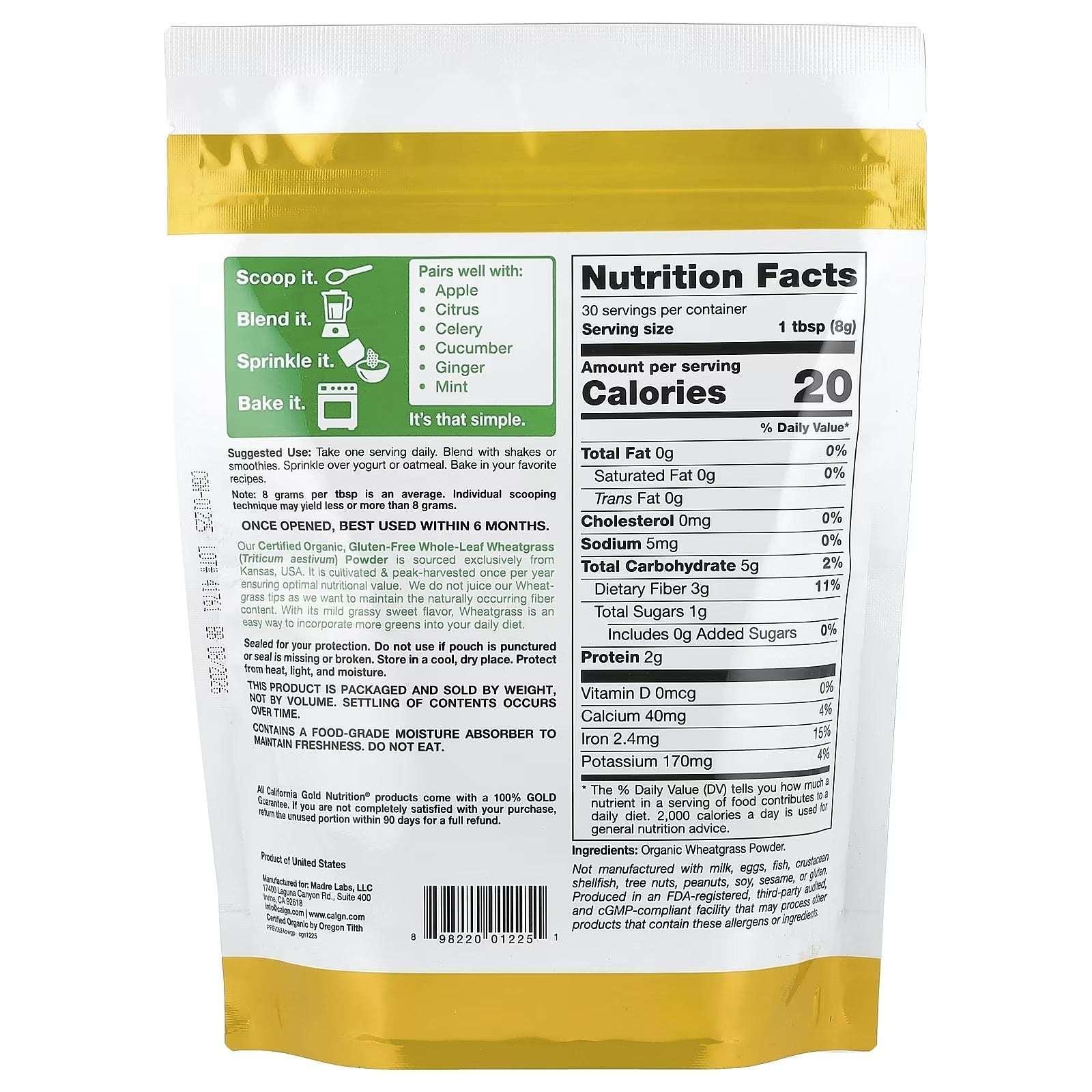 California Gold Nutrition Organic Wheatgrass Powder – Superfoods, 8.5 oz (240 g) - Mumzar