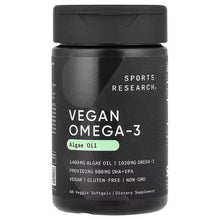 Vegan omega-3 supplement bottle, black cap, green Algae Oil label