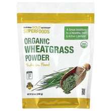 Organic wheatgrass powder pouch with gold seal and green front label