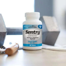 Men's senior multivitamin bottle with blue Sentry Senior label on tabletop