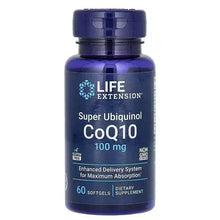 CoQ10 100 mg softgels supplement bottle with blue cap and Life Extension label