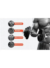 Adjustable dumbbell in use, showing textured grip and mounted weight plates