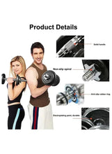 Adjustable dumbbell with textured handle, spiral grip, and rubber end rings