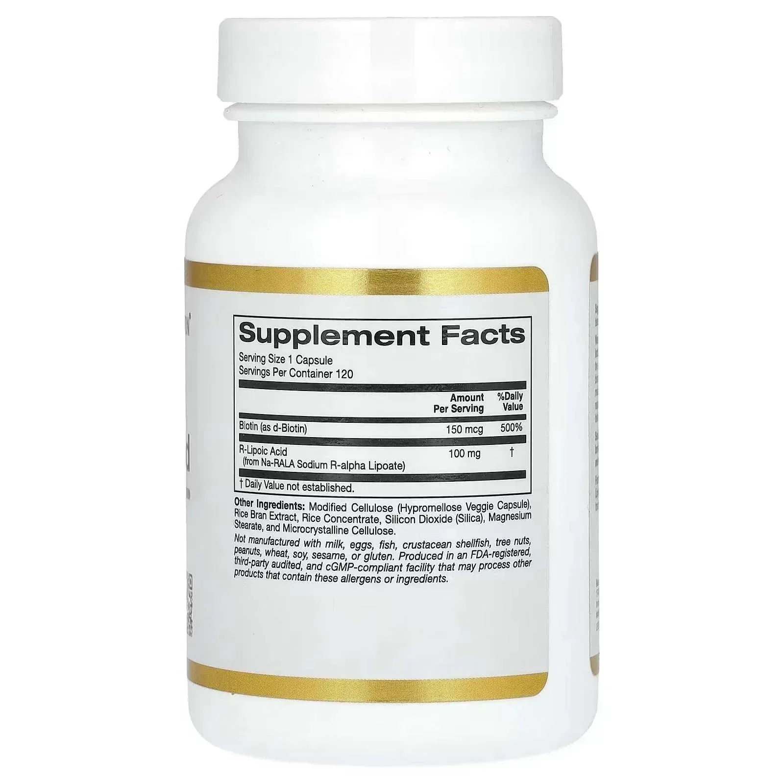 California Gold Nutrition Stabilised R-Lipoic Acid with Bio-Enhanced® Na-RALA & Biotin, 120 Veggie Capsules - Mumzar