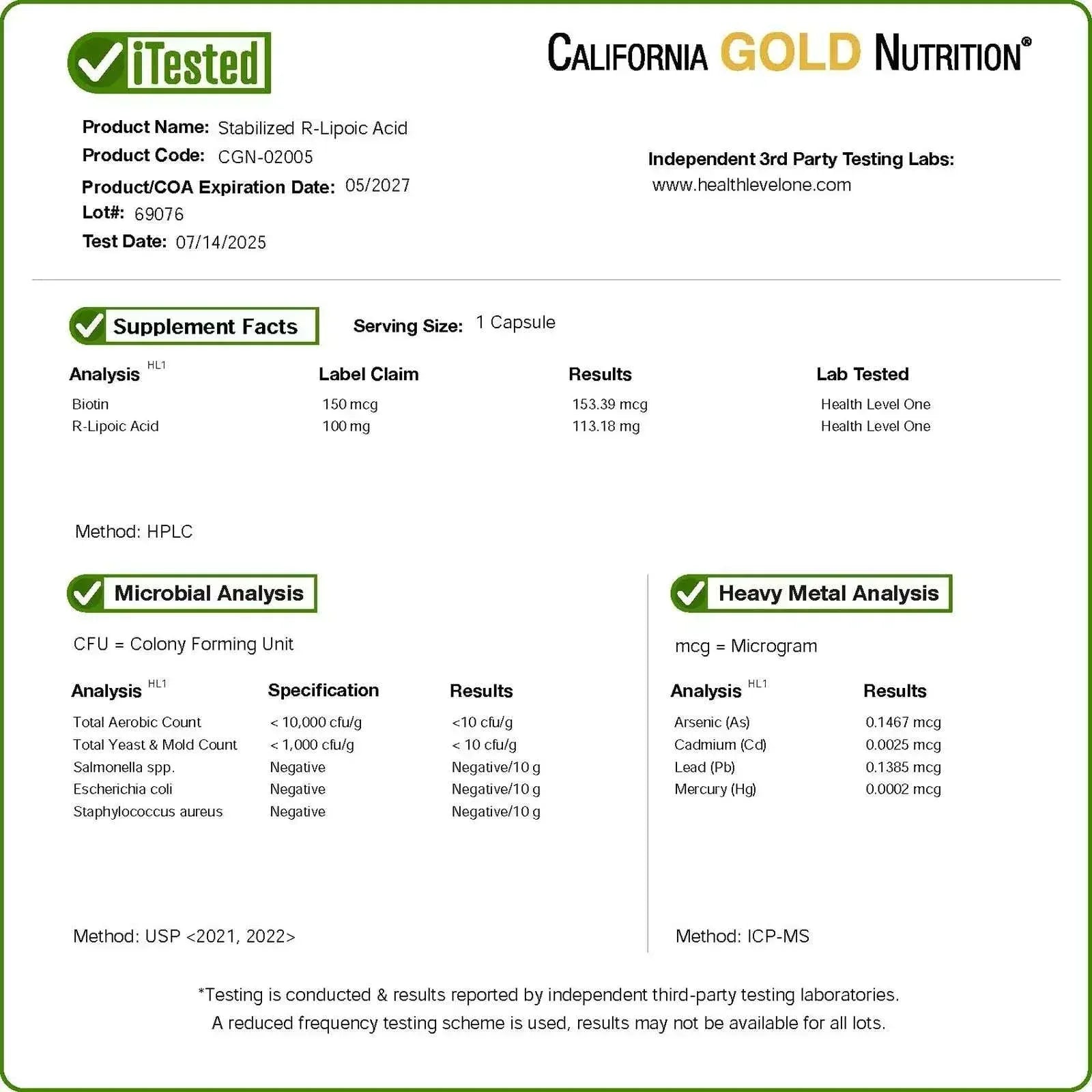 California Gold Nutrition Stabilised R-Lipoic Acid with Bio-Enhanced® Na-RALA & Biotin, 120 Veggie Capsules - Mumzar