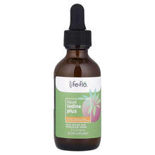 Liquid iodine plus supplement bottle with dropper, green label with orange accents