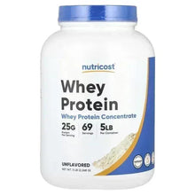 Nutricost whey protein concentrate tub, unflavored label on white bottle with blue cap