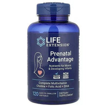 Prenatal vitamin softgel bottle, dark blue with Life Extension label and 120 softgels
